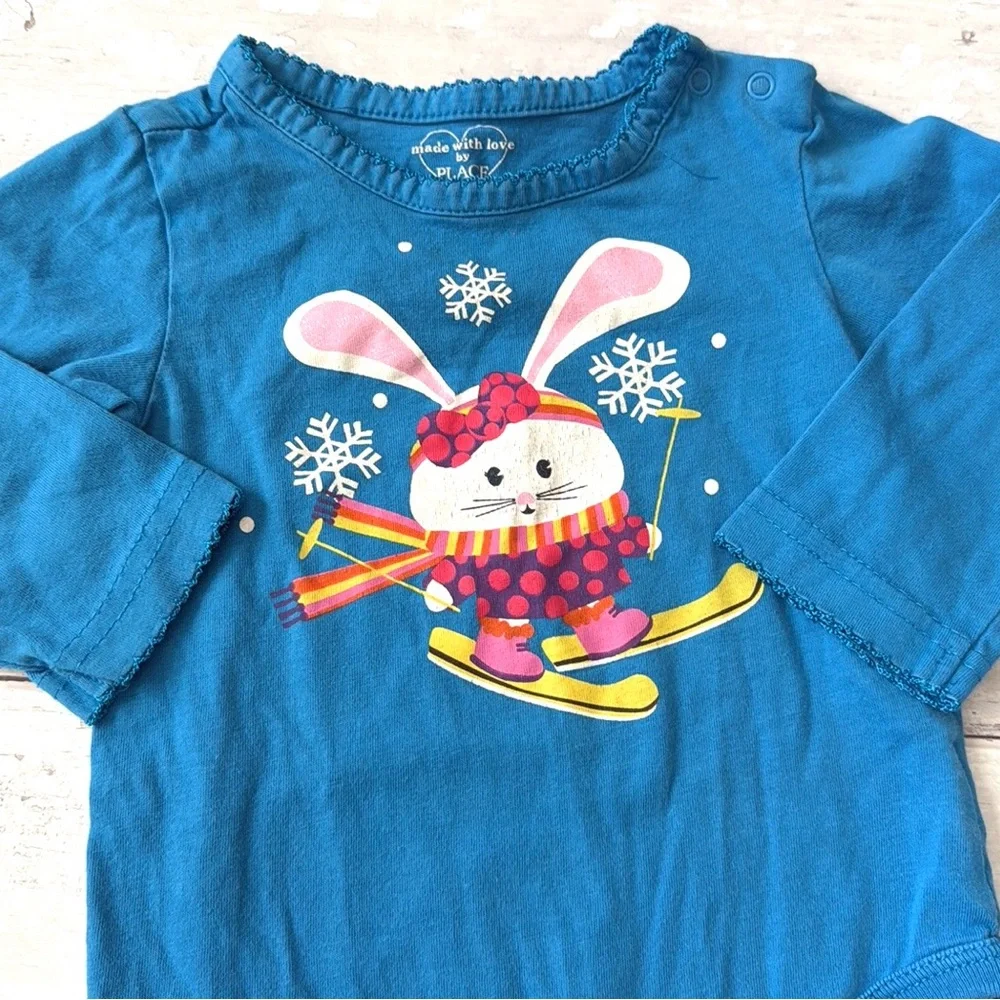 Children’s Place 12m Baby Girl Winter Outfit Blue Bunny Snow Print Long Sleeves - Picture 3 of 4
